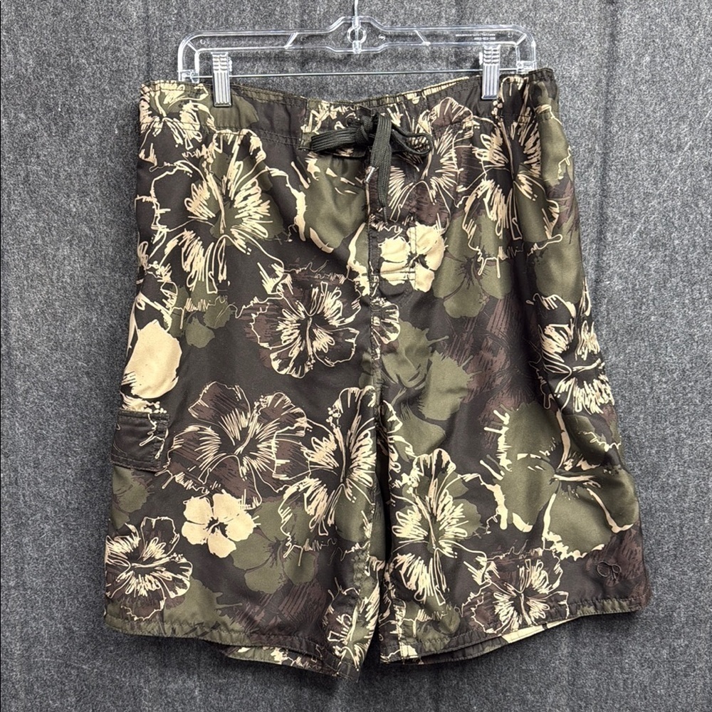 OP Green and Brown Board Shorts with Tropical Floral Design